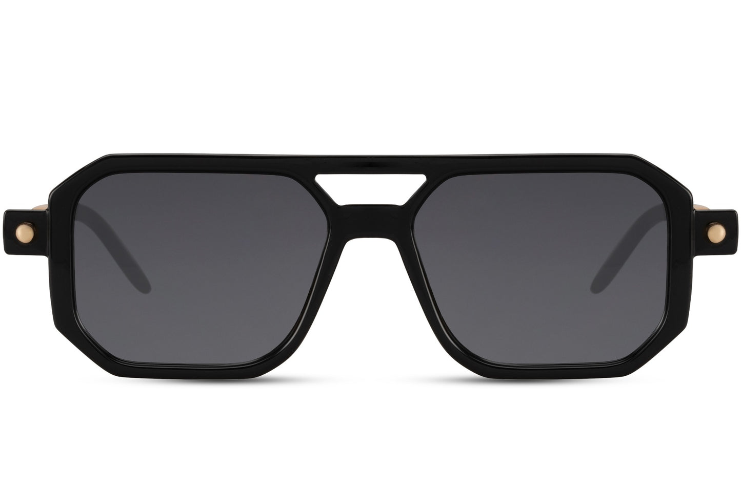 Black eco geometric party sunglasses with double bridge — bold navigator silhouette in 100% recycled polyester, 6cm wide lens for medium to wide faces, the sustainable unisex frame that works from festival field to city rooftop, UV400