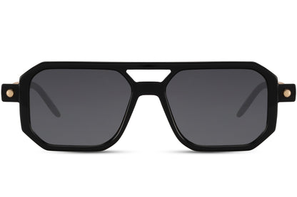 Black eco geometric party sunglasses with double bridge — bold navigator silhouette in 100% recycled polyester, 6cm wide lens for medium to wide faces, the sustainable unisex frame that works from festival field to city rooftop, UV400