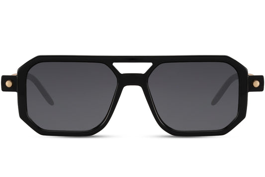 Black eco geometric party sunglasses with double bridge — bold navigator silhouette in 100% recycled polyester, 6cm wide lens for medium to wide faces, the sustainable unisex frame that works from festival field to city rooftop, UV400