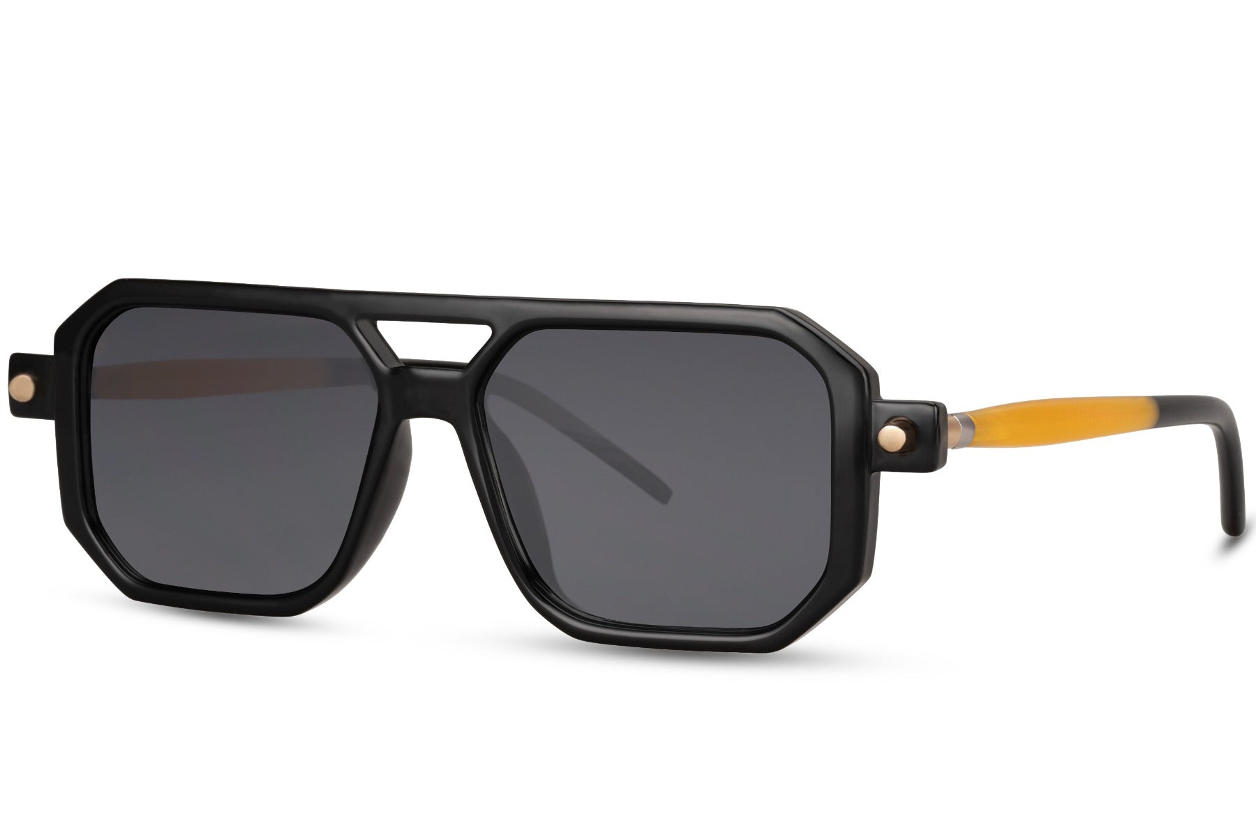 Black eco geometric party sunglasses with gold bridge accent — refined navigator detail in 100% recycled polyester, the sustainable frame that reads Italian eyewear craftsmanship at a fraction of the price, free delivery UK & Europe