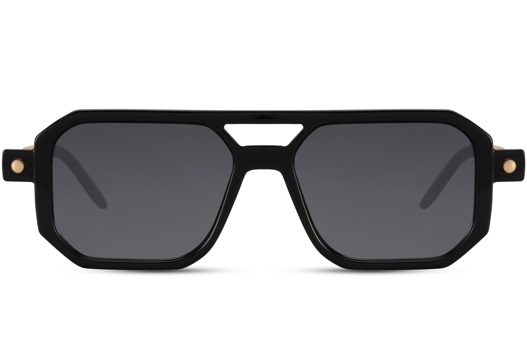 Charcoal grey eco geometric party sunglasses — tonal navigator frame in 100% recycled polyester, understated unisex sustainable eyewear for men and women who want presence without volume, UV400