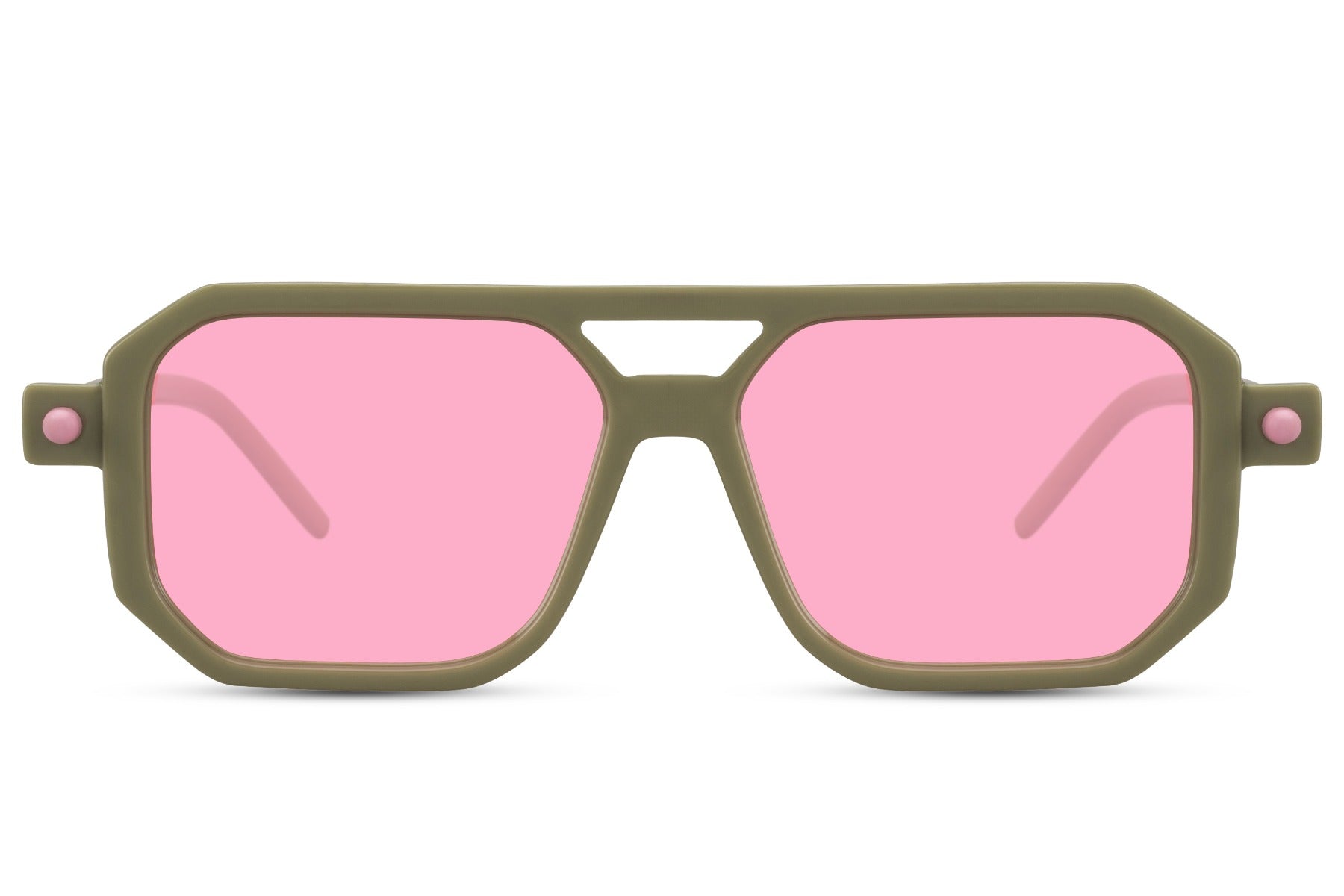 Pink frame eco geometric party sunglasses with rose tinted lens — warm Riviera palette in a bold sustainable navigator frame, the colourway that reads St Tropez terrace and Glastonbury golden hour in equal measure, free delivery UK & Europe