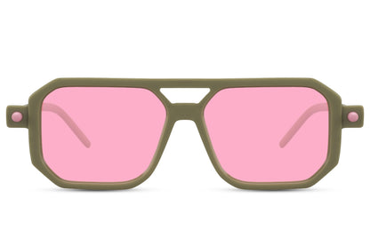 Pink frame eco geometric party sunglasses with rose tinted lens — warm Riviera palette in a bold sustainable navigator frame, the colourway that reads St Tropez terrace and Glastonbury golden hour in equal measure, free delivery UK & Europe