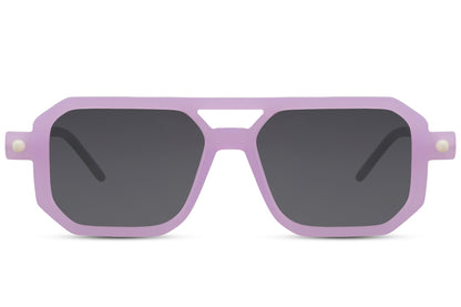Purple lavender frame eco geometric party sunglasses with tinted lens — the Parisian colourway in a bold navigator silhouette, sustainable festival eyewear for women who colour-block with intention | Sunglass Station
