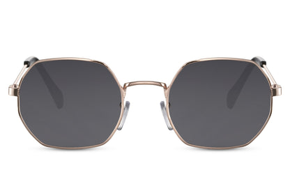 Eco Greece geometric round sunglasses gold metal frame black recycled lens 100% UV400 protection men women sustainable summer eyewear free UK Europe delivery Sunglass Station
