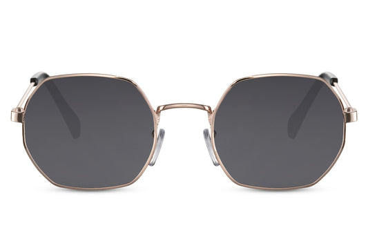 Eco Greece geometric round sunglasses gold metal frame black recycled lens 100% UV400 protection men women sustainable summer eyewear free UK Europe delivery Sunglass Station