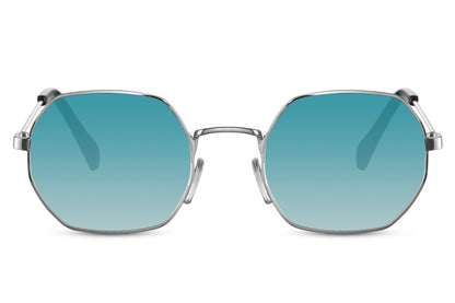 Eco Greece geometric round sunglasses silver metal frame blue recycled lens 100% UV400 protection men women sustainable summer festival holiday eyewear free UK Europe shipping Sunglass Station