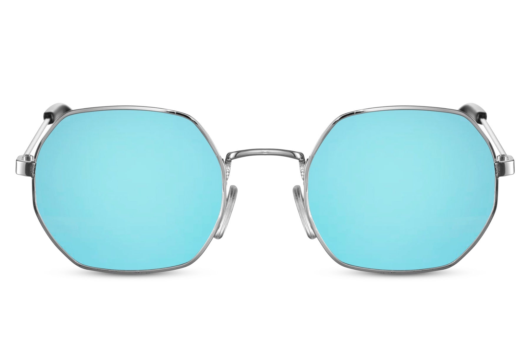 Eco Greece geometric round sunglasses silver metal frame green teal recycled lens UV400 protection sustainable eco-friendly men women summer beach city free UK Europe delivery Sunglass Station
