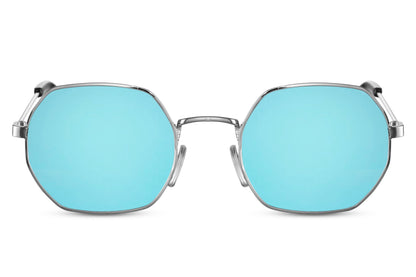 Eco Greece geometric round sunglasses silver metal frame green teal recycled lens UV400 protection sustainable eco-friendly men women summer beach city free UK Europe delivery Sunglass Station