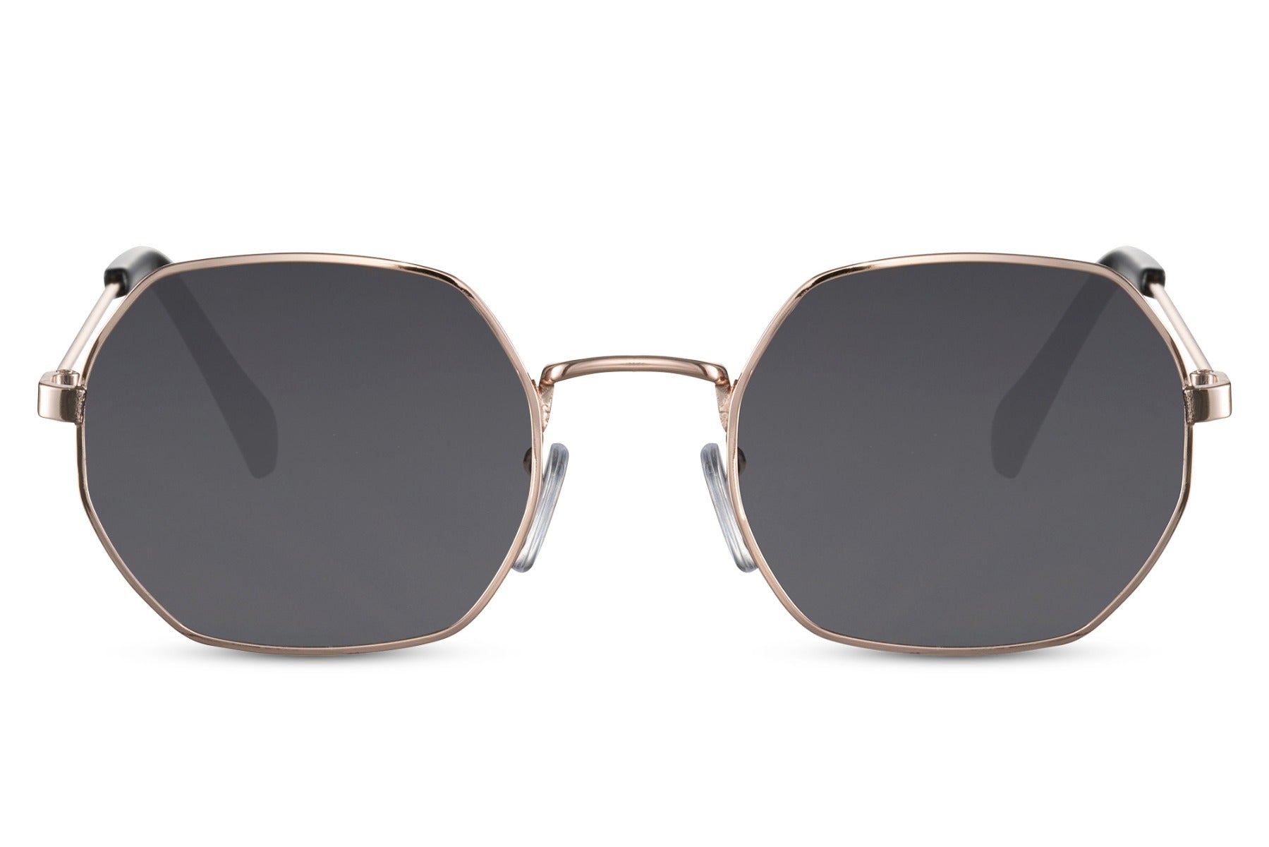 Eco Greece geometric round sunglasses angle view gold slim metal frame black recycled lens UV400 protection lightweight sustainable eyewear free shipping UK Europe Sunglass Station