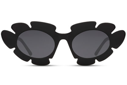 Black eco leaf shaped party sunglasses — organic petal silhouette in 100% recycled polyester, 7.4cm wide lens across a 16cm frame, the botanical statement frame for festivals, open-air parties and anywhere that rewards the extraordinary, UV400