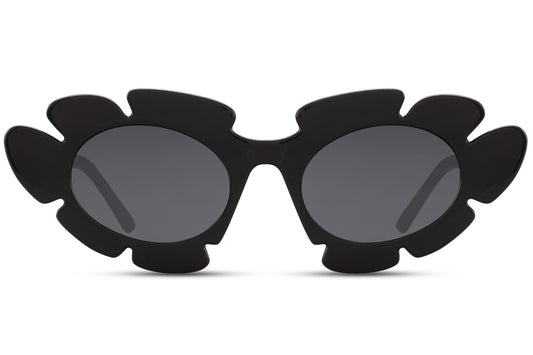 Black eco leaf shaped party sunglasses — organic petal silhouette in 100% recycled polyester, 7.4cm wide lens across a 16cm frame, the botanical statement frame for festivals, open-air parties and anywhere that rewards the extraordinary, UV400