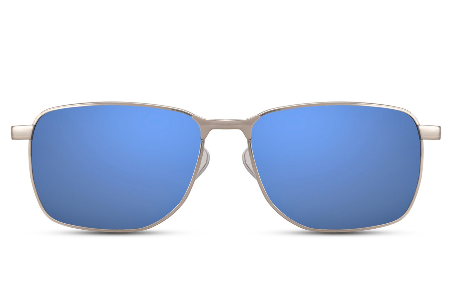 A pair of mirrored sports sunglasses with a silver frame and blue lens color.