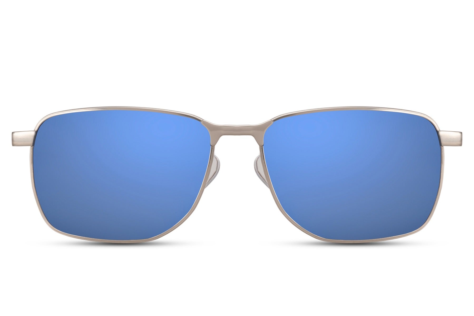 A pair of mirrored sports sunglasses with a silver frame and blue lens color.