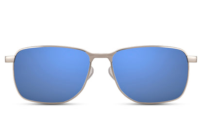 A pair of mirrored sports sunglasses with a silver frame and blue lens color.