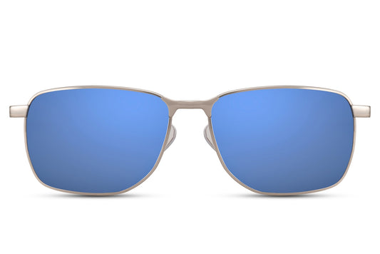 A pair of mirrored sports sunglasses with a silver frame and blue lens color.
