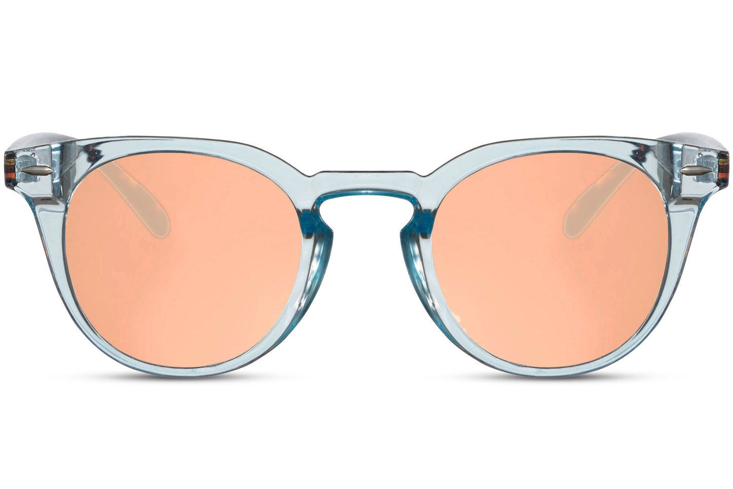 Eco Milan round sunglasses blue 100% recycled polyester frame pink rose tinted lens UV400 protection women bold feminine sustainable retro summer festival city beach brunch free UK Europe shipping Sunglass Station