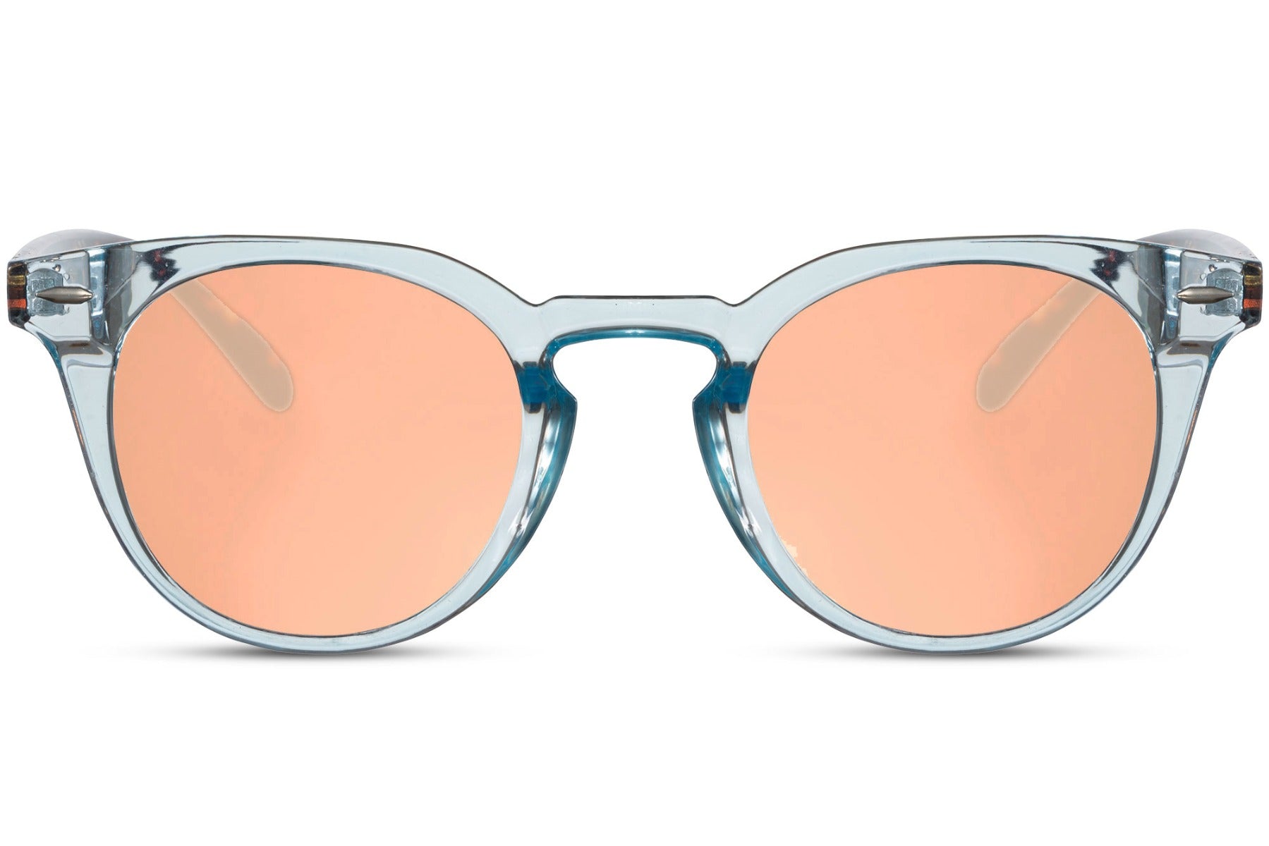 Eco Milan round sunglasses blue 100% recycled polyester frame pink rose tinted lens UV400 protection women bold feminine sustainable retro summer festival city beach brunch free UK Europe shipping Sunglass Station