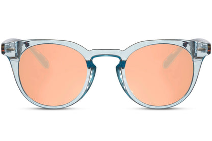 Eco Milan round sunglasses blue 100% recycled polyester frame pink rose tinted lens UV400 protection women bold feminine sustainable retro summer festival city beach brunch free UK Europe shipping Sunglass Station