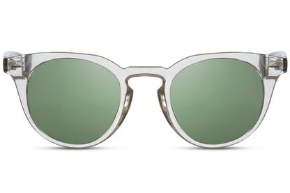 Eco Milan round sunglasses white clear 100% recycled polyester frame green lens UV400 protection men women bold minimalist sustainable retro summer city festival beach free UK Europe delivery Sunglass Station