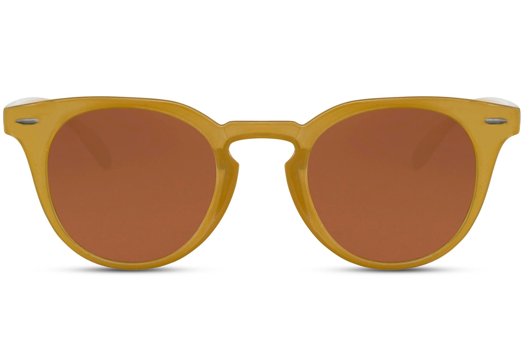 Eco Milan round sunglasses yellow 100% recycled polyester frame orange amber lens UV400 protection men women bold statement sustainable summer festival beach city eyewear free UK Europe shipping Sunglass Station