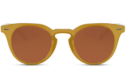 Eco Milan round sunglasses yellow 100% recycled polyester frame orange amber lens UV400 protection men women bold statement sustainable summer festival beach city eyewear free UK Europe shipping Sunglass Station