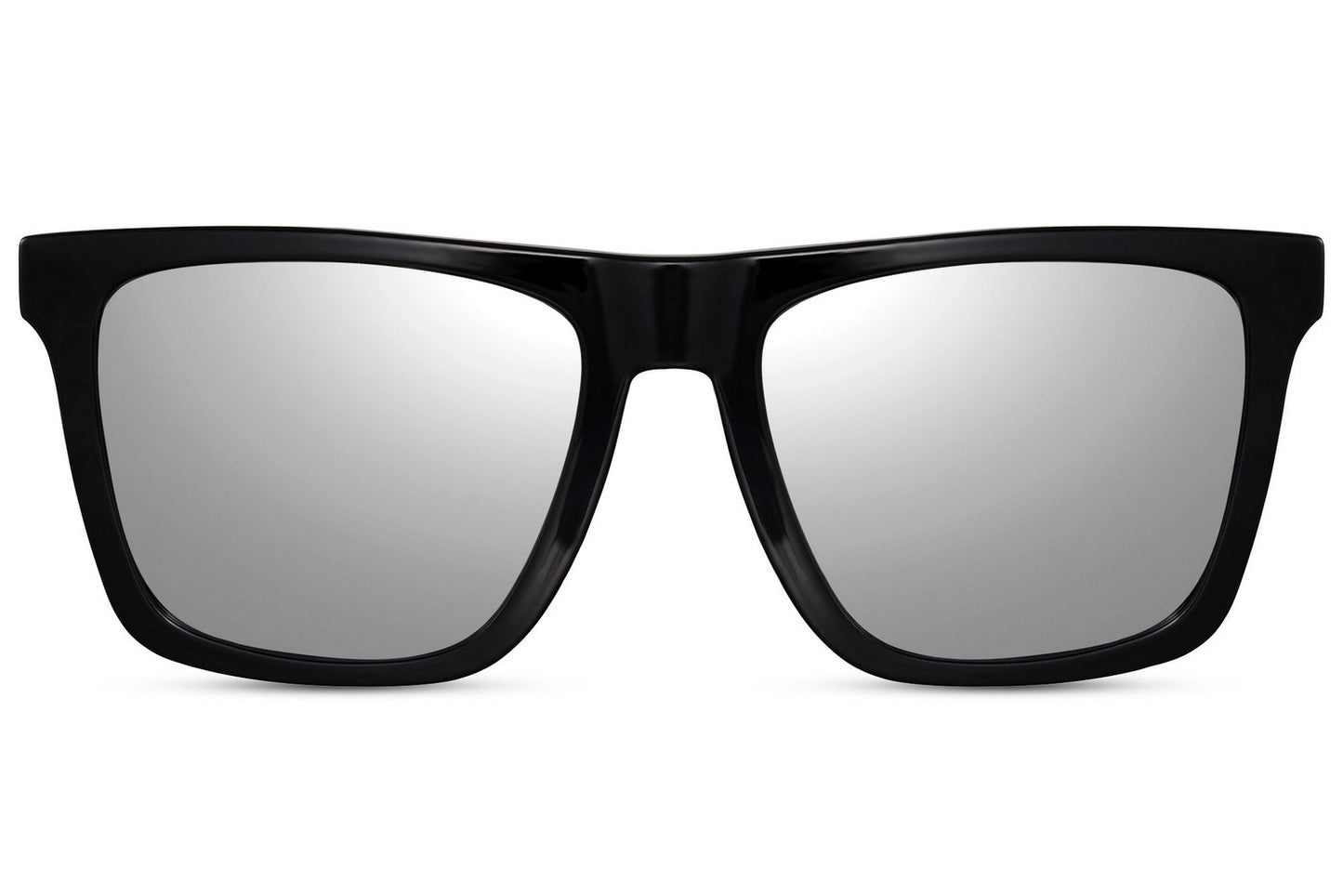 A pair of black Wayfarer sunglasses with a square full frame design and reflective lenses.