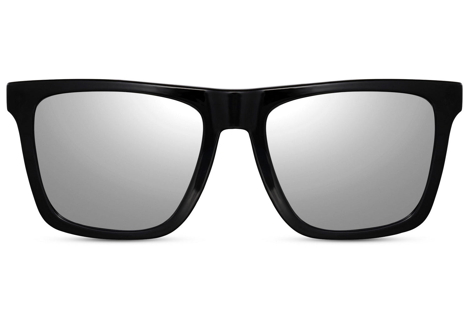 A pair of black Wayfarer sunglasses with a square full frame design and reflective lenses.