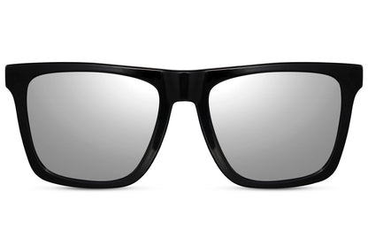 A pair of black Wayfarer sunglasses with a square full frame design and reflective lenses.