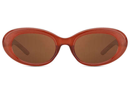 Eco oval streetstyle sunglasses with red recycled polyester frame and rust tinted UV protection lens – bold tone-on-tone retro round shades for festivals and going out, Sunglass Station free UK and Europe shipping