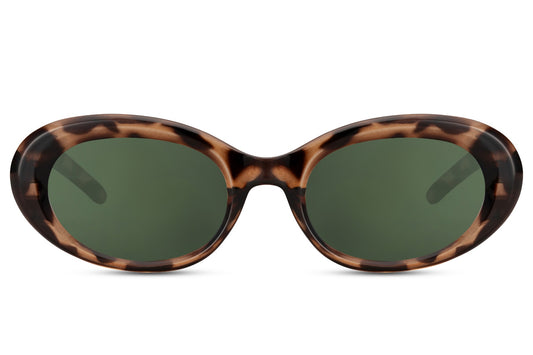 Eco oval streetstyle sunglasses with brown tortoiseshell animal print recycled frame and dark green UV protection lens – sustainable retro round shades for festivals and everyday street style, free delivery across UK and Europe from Sunglass Station