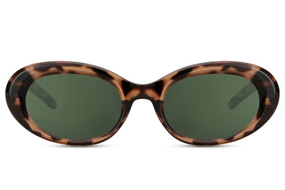 Eco oval streetstyle sunglasses with brown tortoiseshell animal print recycled frame and dark green UV protection lens – sustainable bold retro shades for festivals and summer street style, free delivery across UK and Europe from Sunglass Station
