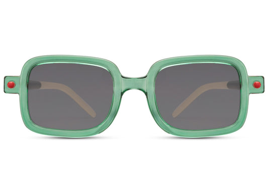 Green frame eco rectangle party sunglasses with rivet corner detail — 100% recycled polyester bold unisex frame, the sustainable party eyewear that proves eco-conscious and fashion-forward are the same thing, UV400 protection