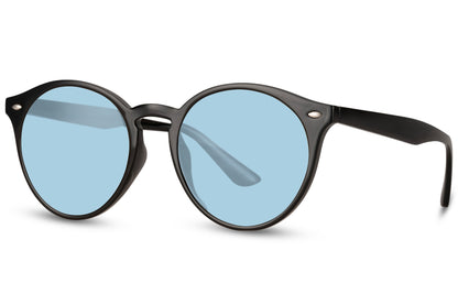Eco round coloured lens sunglasses black recycled polyester frame blue tinted lens lightweight UV400 protection comfortable all-day unisex sustainable summer city beach outdoor wear free UK Europe delivery Sunglass Station
