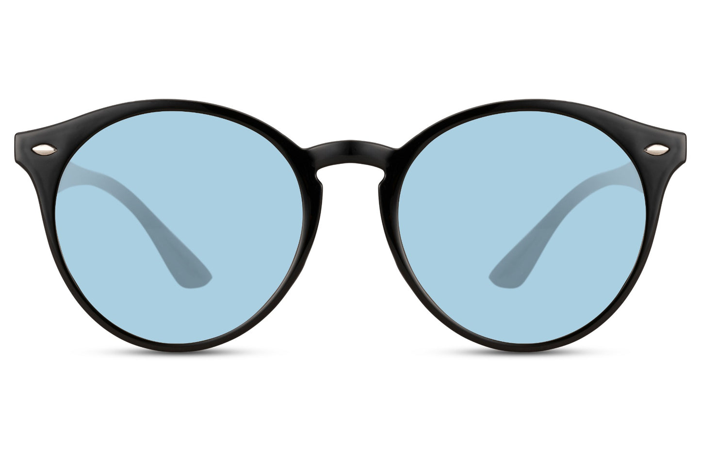 Eco round coloured lens sunglasses black recycled polyester rPC frame light blue sky tinted lens UV400 protection unisex men women sustainable stand out summer festival beach city free UK Europe delivery Sunglass Station