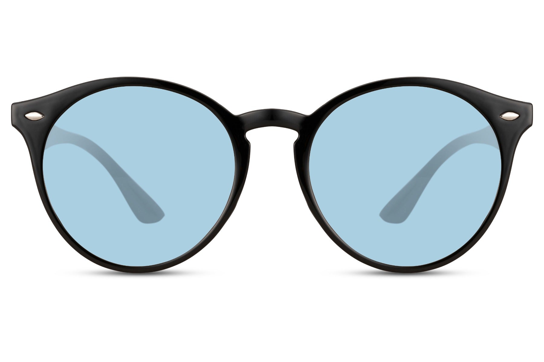 Eco round coloured lens sunglasses black recycled polyester rPC frame light blue sky tinted lens UV400 protection unisex men women sustainable stand out summer festival beach city free UK Europe delivery Sunglass Station