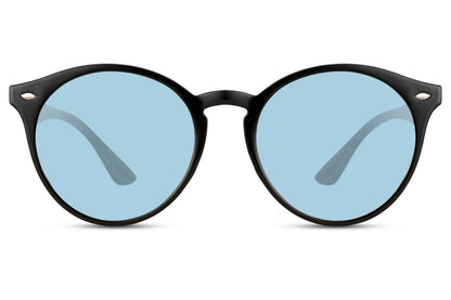 Eco round coloured lens sunglasses black recycled polyester rPC frame light blue sky tinted lens UV400 protection unisex men women sustainable stand out summer festival beach city free UK Europe delivery Sunglass Station