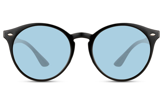 Eco round coloured lens sunglasses black recycled polyester rPC frame light blue sky tinted lens UV400 protection unisex men women sustainable stand out summer festival beach city free UK Europe delivery Sunglass Station