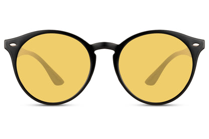 Eco round coloured lens sunglasses black recycled polyester rPC frame orange tinted lens UV400 protection unisex men women bold vibrant sustainable summer festival beach outdoor eyewear free UK Europe delivery Sunglass Station