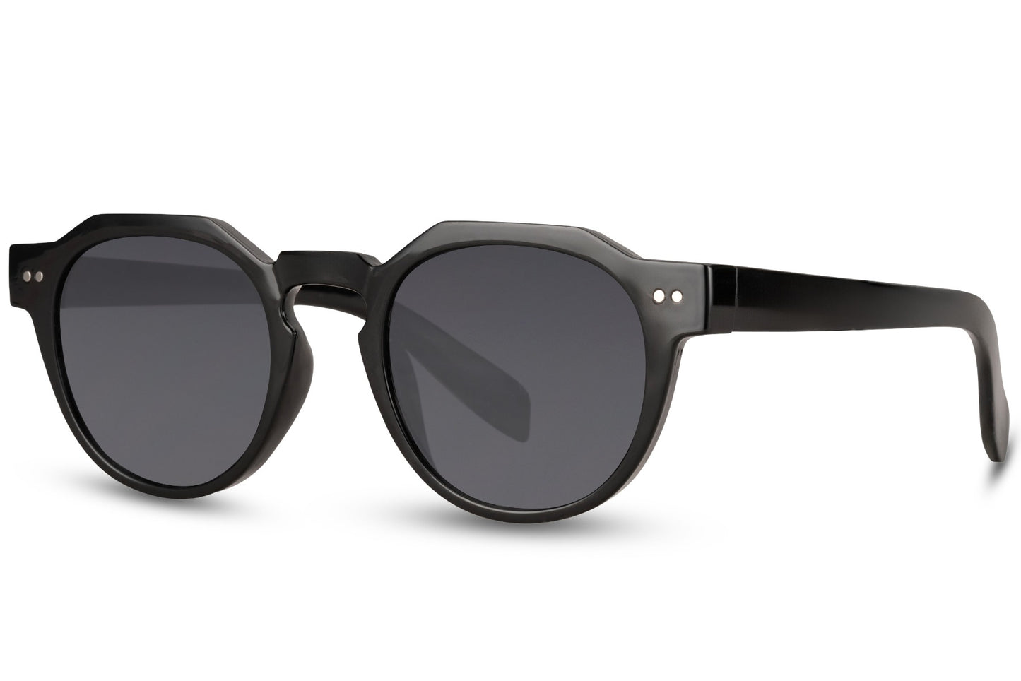 Eco round geometric sunglasses black recycled rPC frame dark smoke lens UV400 protection unisex men women sustainable eco-friendly minimalist everyday city summer wear free UK Europe shipping Sunglass Station