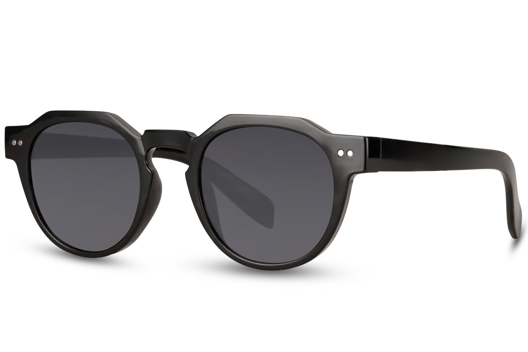 Eco round geometric sunglasses black recycled rPC frame dark smoke lens UV400 protection unisex men women sustainable eco-friendly minimalist everyday city summer wear free UK Europe shipping Sunglass Station