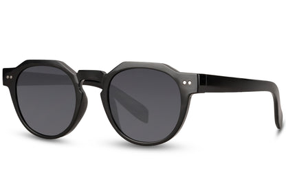 Eco round geometric sunglasses black recycled rPC frame dark smoke lens UV400 protection unisex men women sustainable eco-friendly minimalist everyday city summer wear free UK Europe shipping Sunglass Station