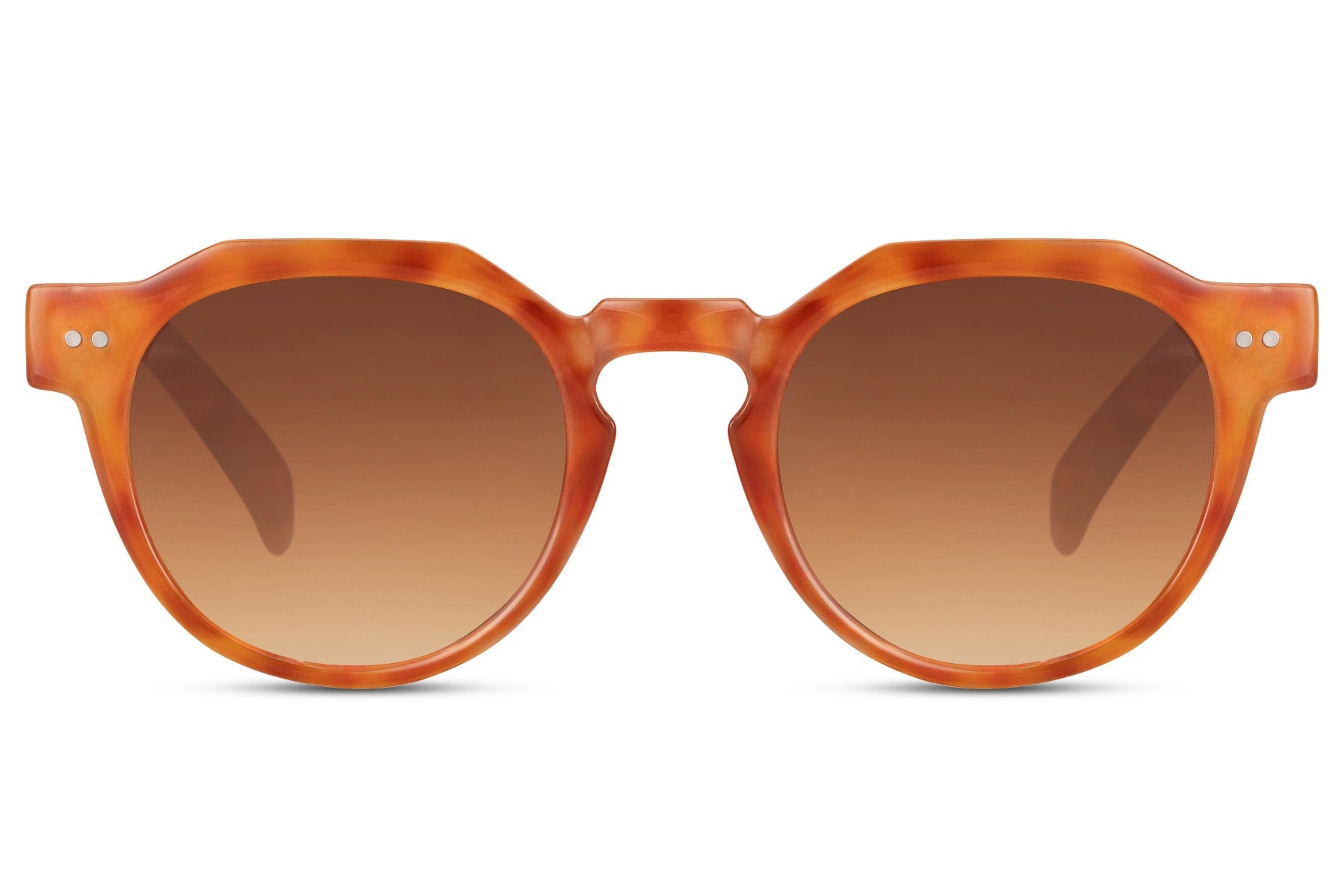 Eco round geometric sunglasses orange rust recycled polyester rPC frame warm brown amber gradient lens UV400 protection unisex men women bold sustainable retro summer festival beach free UK Europe shipping Sunglass Station
