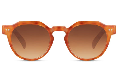 Eco round geometric sunglasses orange rust recycled polyester rPC frame warm brown amber gradient lens UV400 protection unisex men women bold sustainable retro summer festival beach free UK Europe shipping Sunglass Station