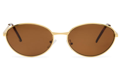 Eco sleek frame round sunglasses copper rose gold frame warm brown cognac recycled rPMMA lens UV protection women elegant sophisticated sustainable summer holiday city wear free UK Europe shipping Sunglass Station