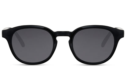 Eco Spain classic round sunglasses black 100% recycled polyester frame smoke lens UV400 protection men women sustainable Spanish inspired bold minimalist everyday city summer beach free UK Europe delivery Sunglass Station