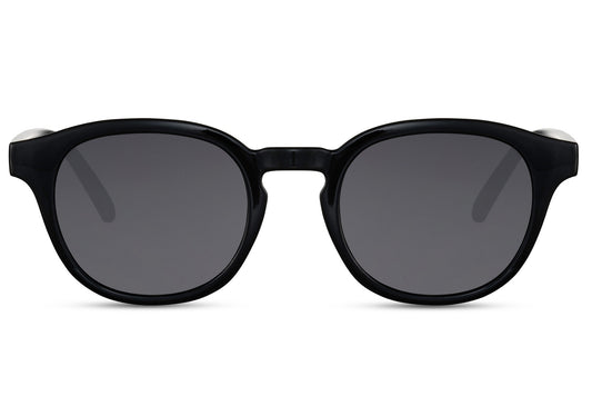 Eco Spain classic round sunglasses black 100% recycled polyester frame smoke lens UV400 protection men women sustainable Spanish inspired bold minimalist everyday city summer beach free UK Europe delivery Sunglass Station
