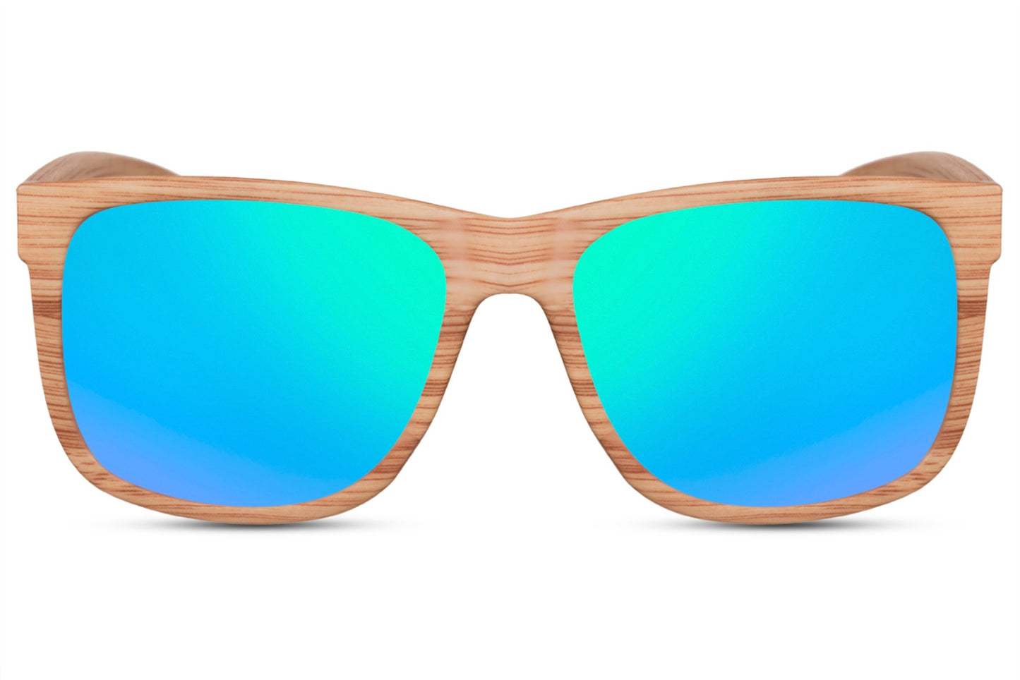 A pair of square-shaped sunglasses with a mirrored blue lens and a brown frame.
