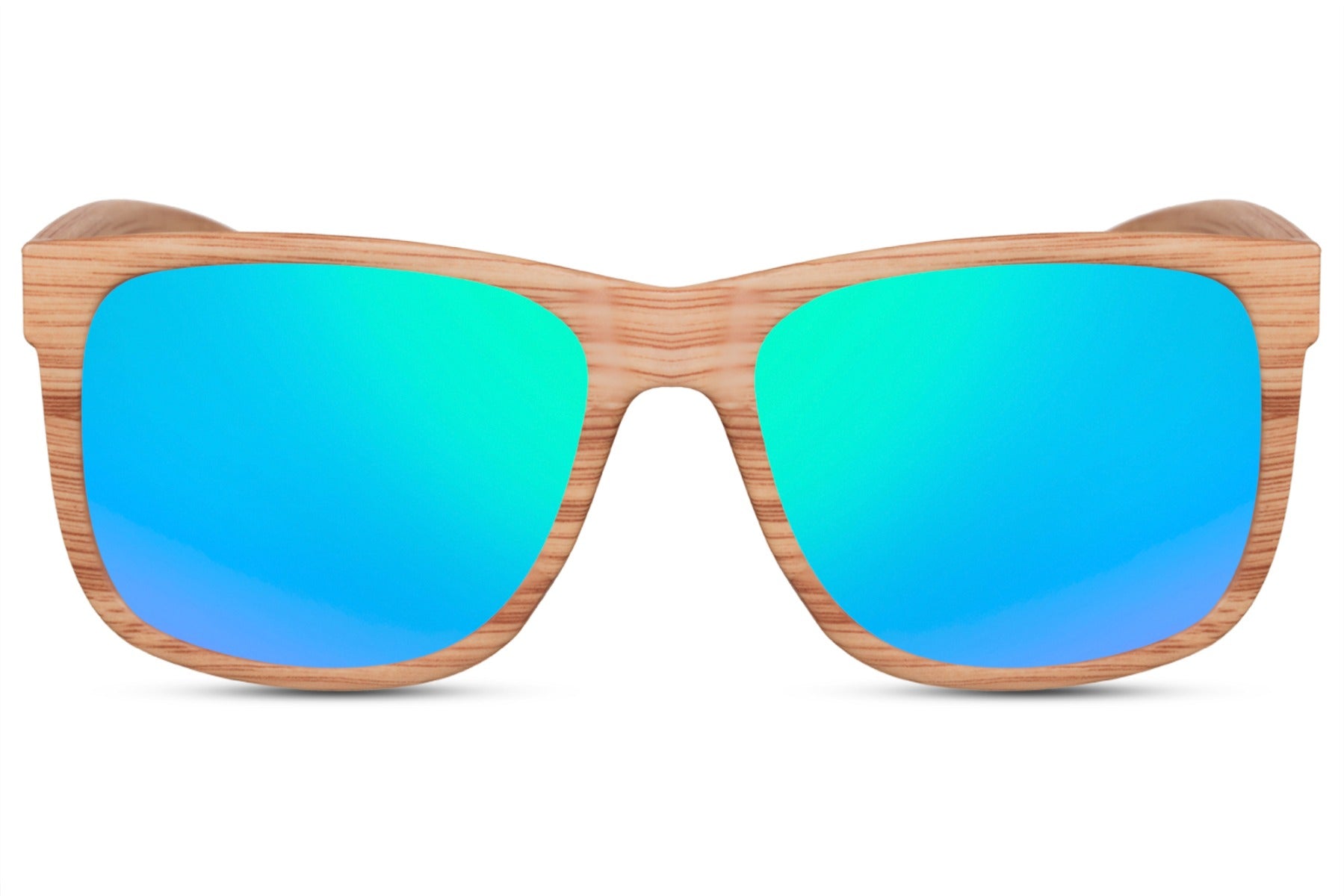 A pair of square-shaped sunglasses with a mirrored blue lens and a brown frame.