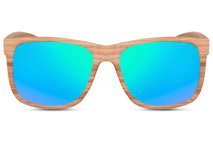 A pair of square-shaped sunglasses with a mirrored blue lens and a brown frame.